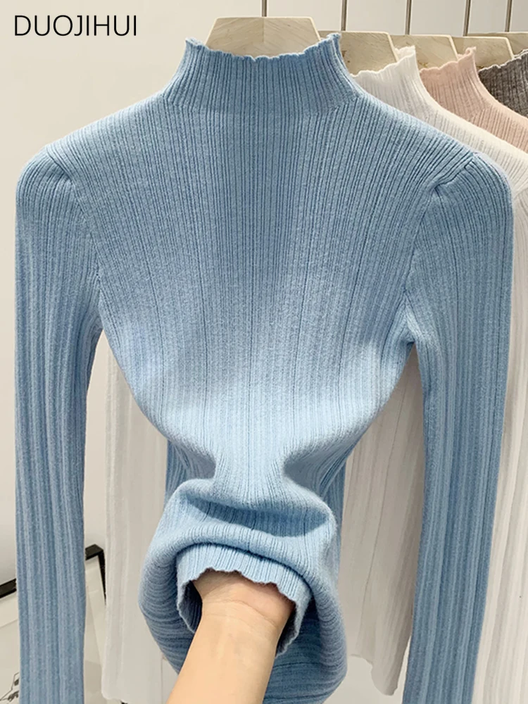 

DUOJIHUI Blue Sweet Neck Basic Striped Knitted Women Pullovers Autumn New Simple Long Sleeve Pure Color Fashion Female Pullovers