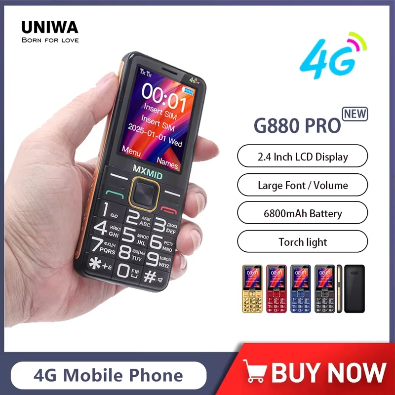 UNIWA MXMID G880 PRO 4G Feature Phone 2.4 Inch LCD Display Large Fronts Big Volume For Elder 6800mAh Torch light Russia Keyboard