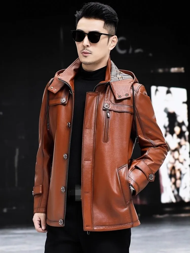 New Men Genuine Leather Jacket Detachable Hooded Slim Fit Vintage Business Casual Spring Autumn Mens Real Cowhide Coats Size 5XL