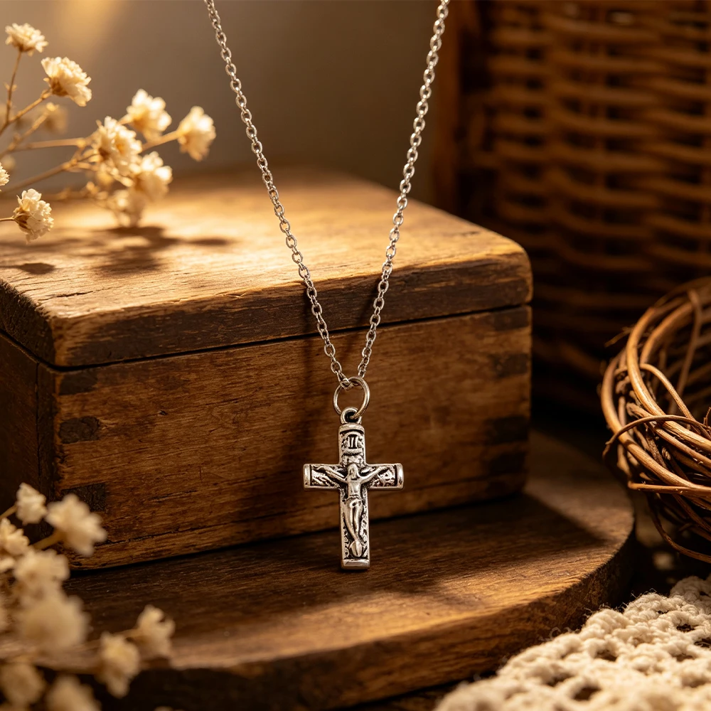 Carved Jesus Cross Necklace, Vintage Distressed Silver Pendant, Versatile Everyday Accessory for Both Men and Women