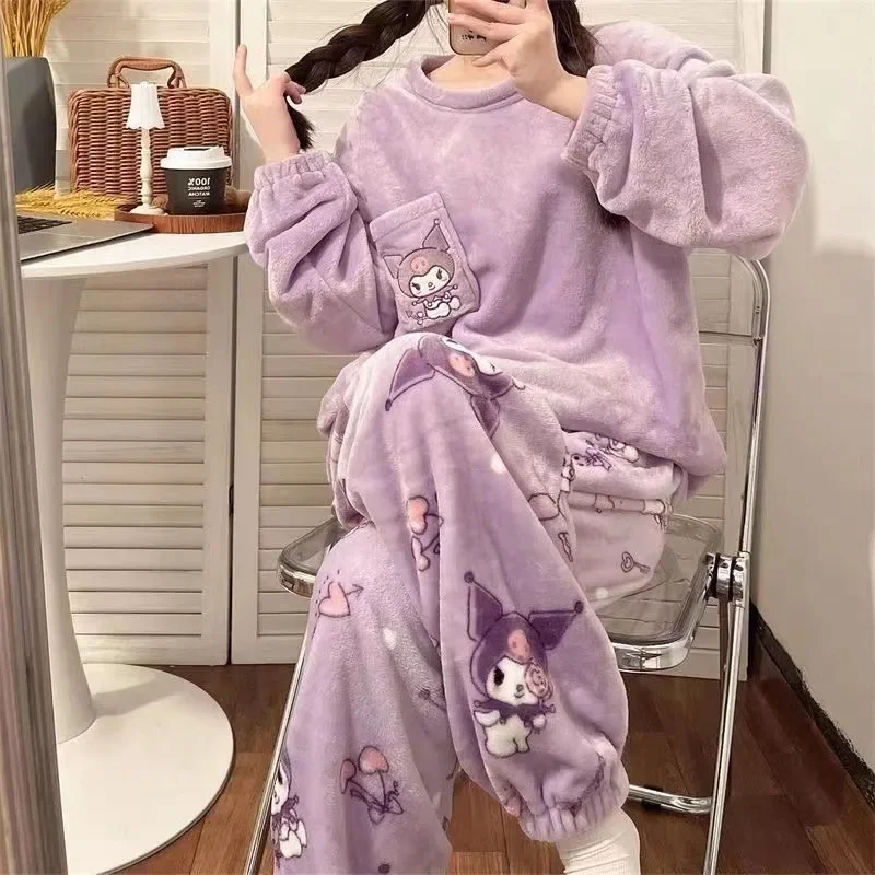 Sanrio Anime Cinnamoroll Kuromi Pajamas Kawaii  Flannel Pullover Coral Velvet Winter Warm Cute Pajamas Homewear Girl Gifts