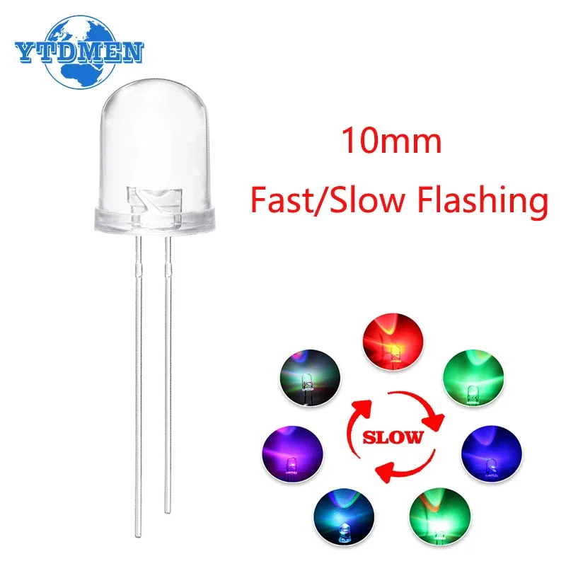 10PCS RGB LED Diode 10mm Multicolor Fast/Slow Flashing Super Bright Light Emitting Diodes Transparent Round Diffuse Flash Lamps