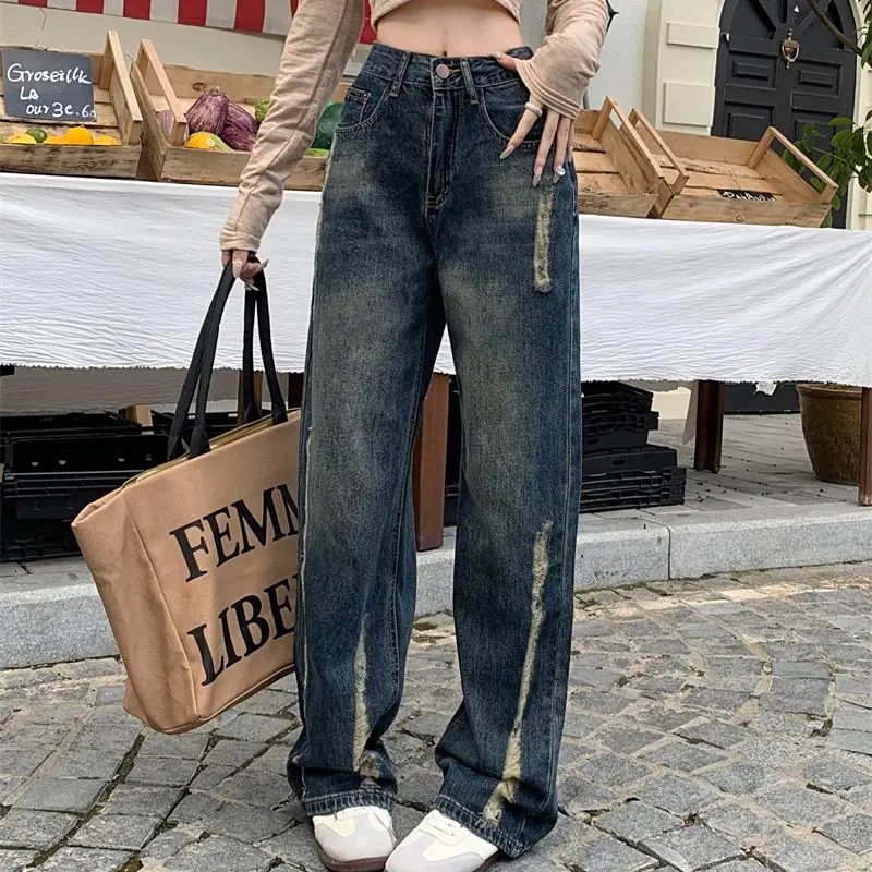 Women's American Retro Blue 90S Y2K Spicy Girl High Street Made Old Jeans Women's Design Feel Pants Loose Straight Leg Pants