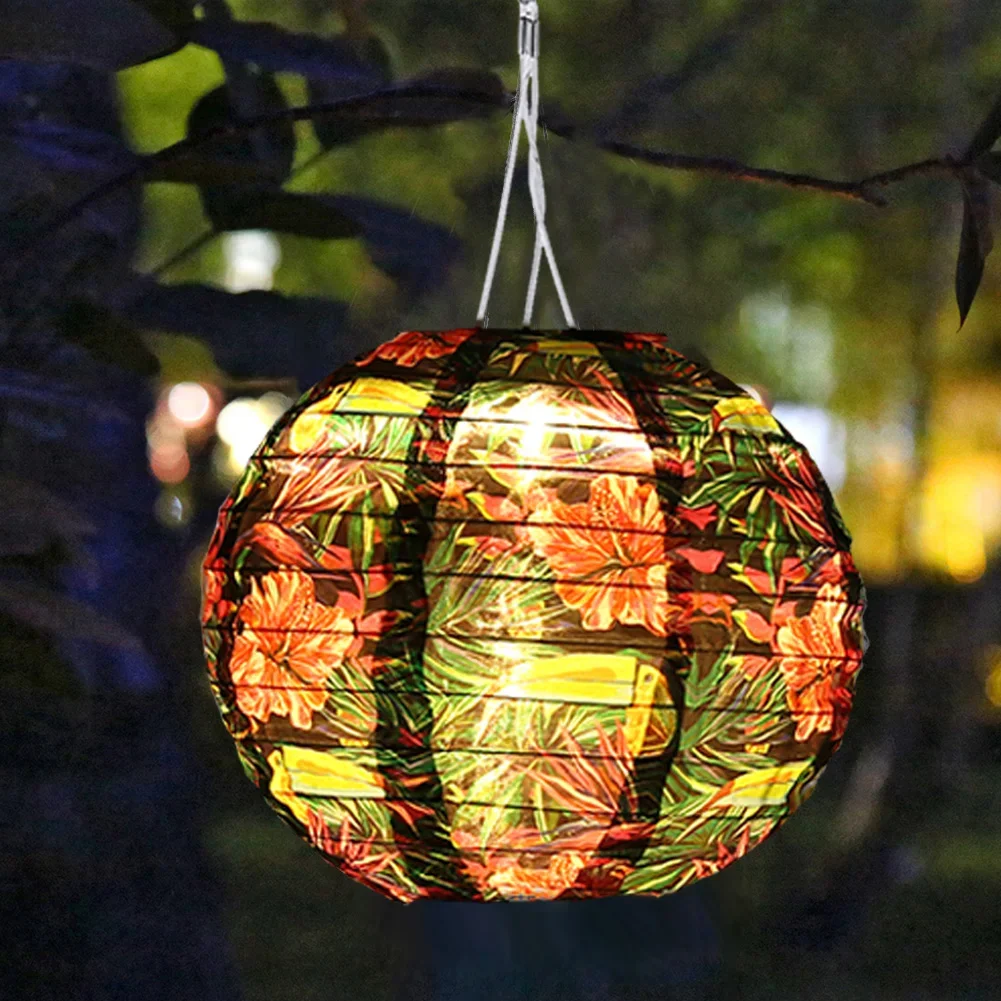 Chinese Round Hanging Lamp, Solar Printed Lantern, Waterproof Nylon LED Light, Outdoor Garden Party Decoration, 12