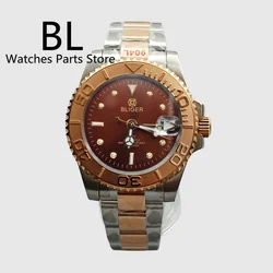 BLIGER Luxury Watch For Men NH34 GMT 40mm Two Tone Rose Gold Case Bracelet Brown Dial Gold Finger Green Luminous Sapphire Glass