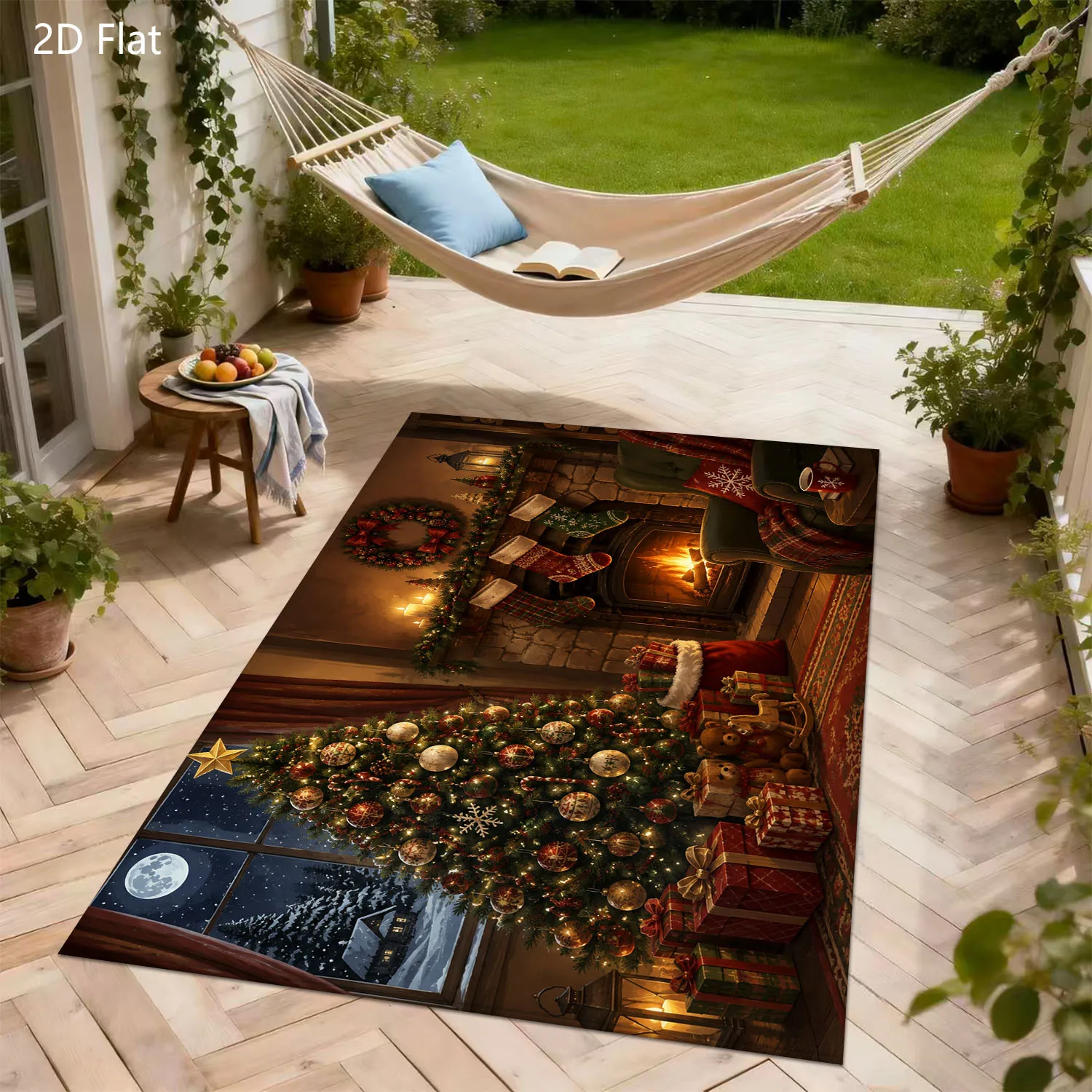1pc 2D Flat Cozy Indoor Christmas Tree Gift Stocking Printed Floor Mat, Decorative Rug for Living Room, Bedroom, Home