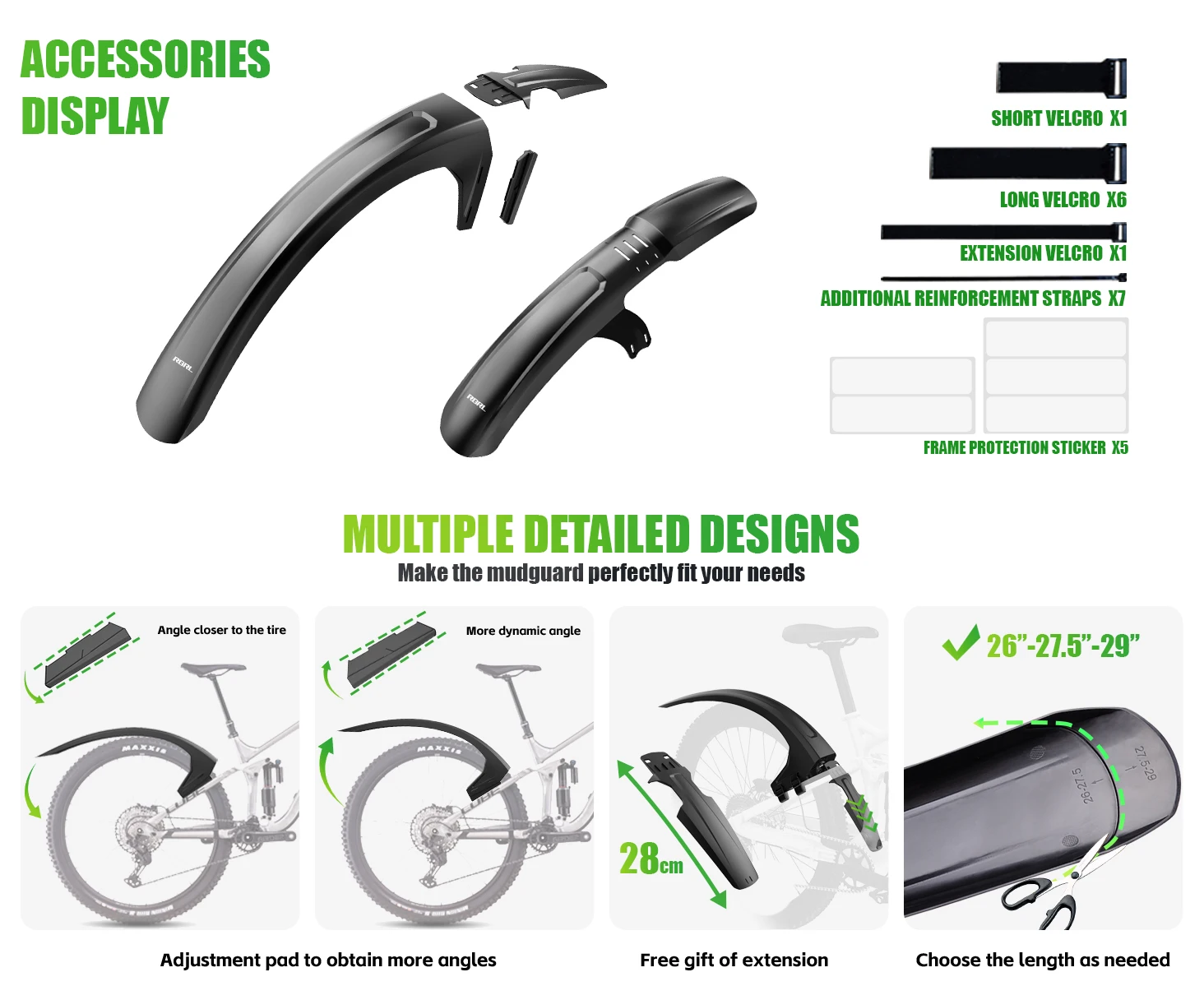 RBRL Extended Widen Fahrradschutzblech, kompatibel mit 7,6 cm Reifenbreite 26–29, vollständiger Abdeckung, spritzwassergeschützter Mountainbike-Schutzblech – Detail 2