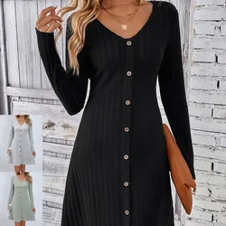 Autumn Elegant Knitted Mini Dress Women Fashion V-neck Long Sleeve Dresses For Women 2024 Winter Solid Warm Button Dress Black