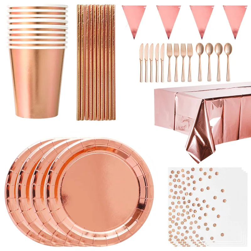 Rose Gold Wedding Birthday Party Decorations Paper Straws Plates Cups Napkins Baby Shower Anniversary Event Party Decor Supplies