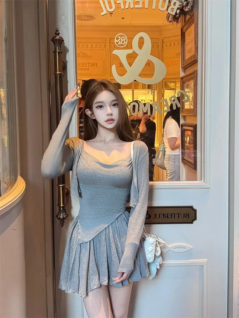 

Pure Desire Style Irregular Waist Crop Top Long Sleeve Short Set for Girls Spicy Girl Summer Spring Fashion Outfit
