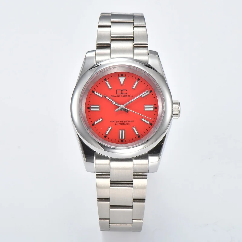 Coral Red Custom Logo Watch Women NH35 Automatic Movement Oyster Stainless Steel Perpetual 36mm Ladies Waterproof WristWatches