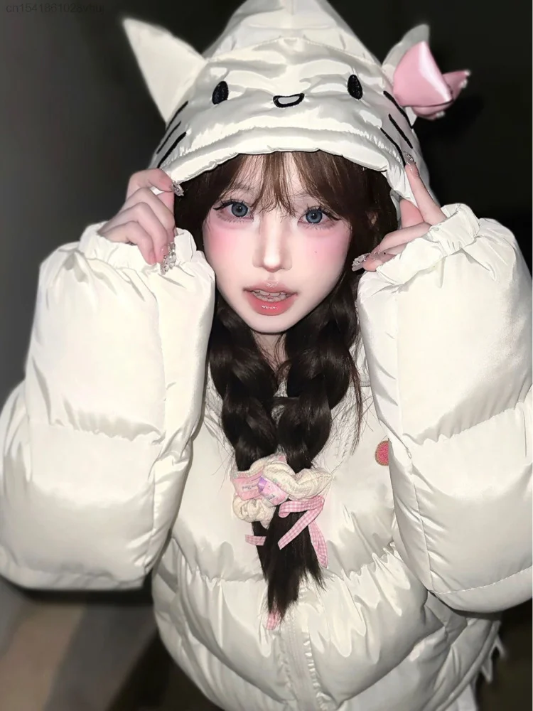 Sanrio Hello Kitty New Cute Women Winter Down Jacket Kawaii College Style Hooded Fashion Y2k 2000s Harajuku Down Coats Christmas