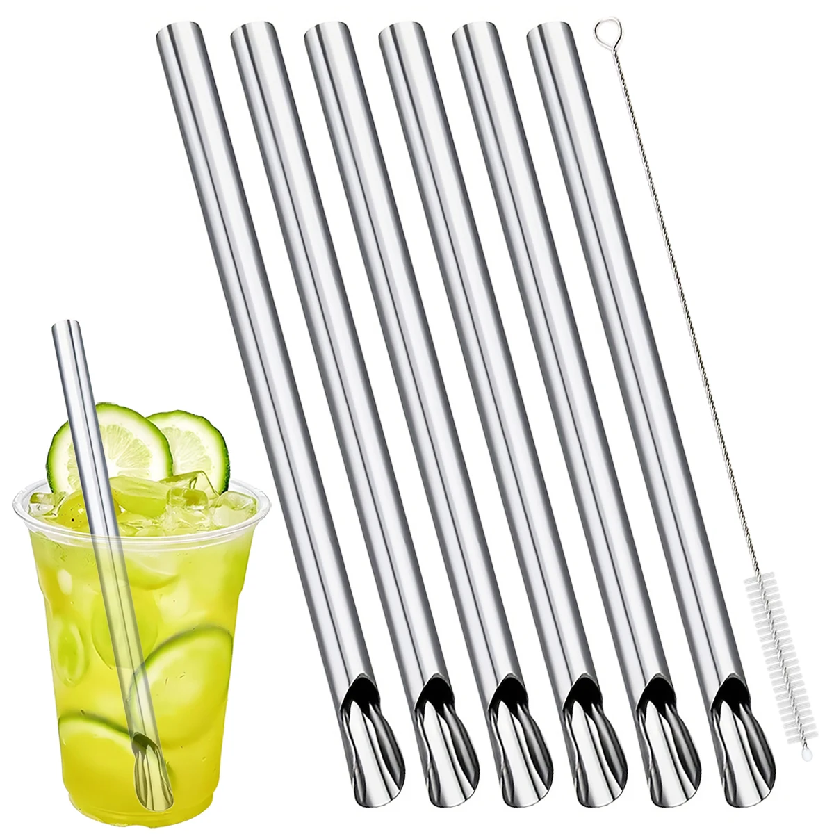 2/3/6pcs Stainless Steel Milkshake Straw Pearl Milk Tea Drinking Straw Set with Brush Fruit Juice Cocktail Straw Bar Accessories