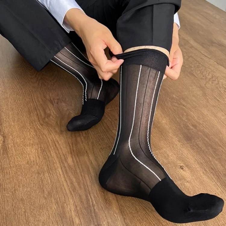 Summer Thin Nylon Mens Stockings Striped Business Casual Formal Wear Man Dress Socks for Men White Socks High Elastic Retro Sexy