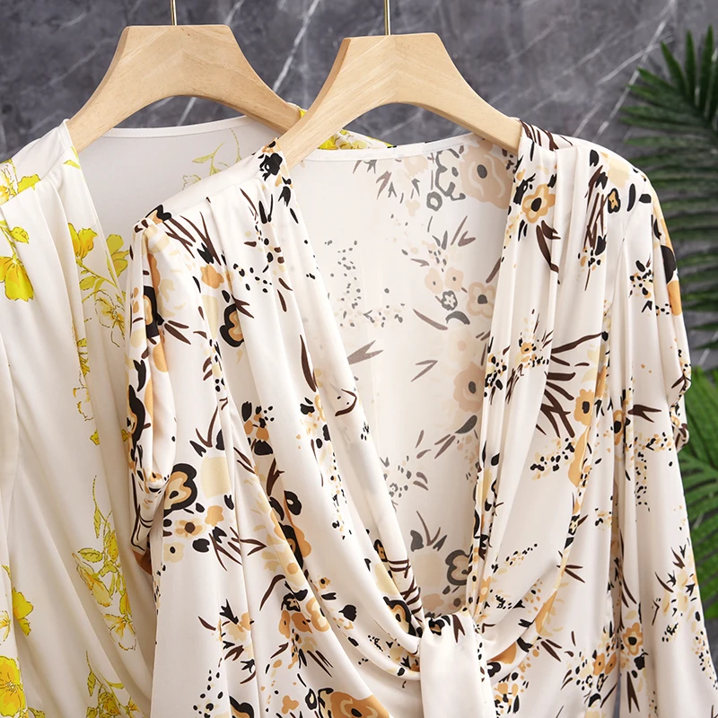 

Элегантная женская шелковая блузка с цветочным принтом, V-образным вырезом, завязками на талии, длинными рукавами, деловой повседневный стиль, модный дизайн с узлом