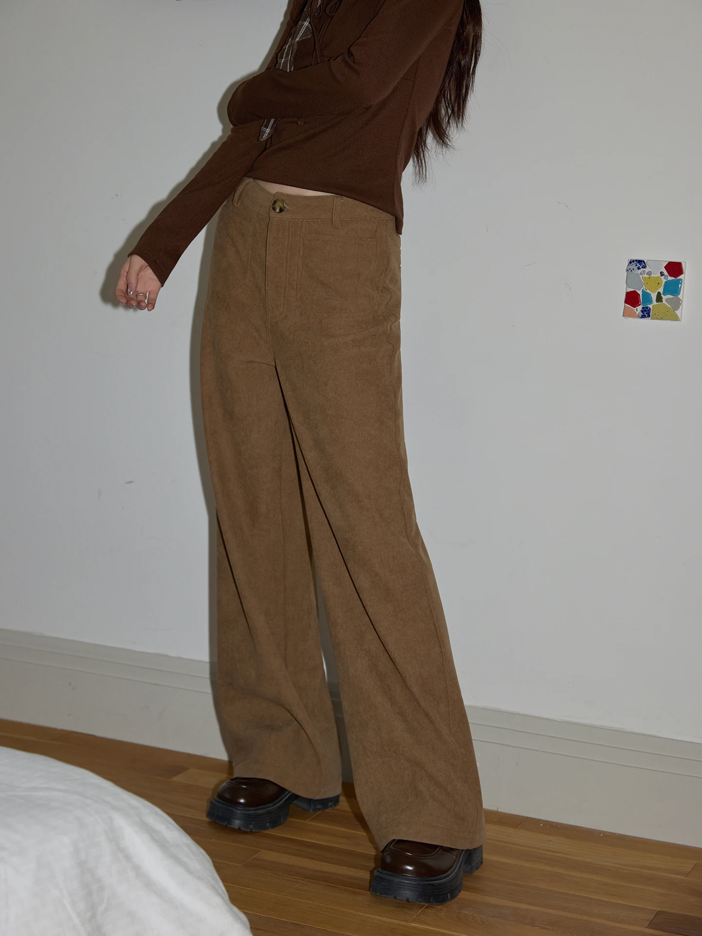 

Khaki Corduroy High Waist Loose Wide Leg Pants Women's Casual Trousers Spring 2026 Floor Length Drapey Comfortable Long Trousers