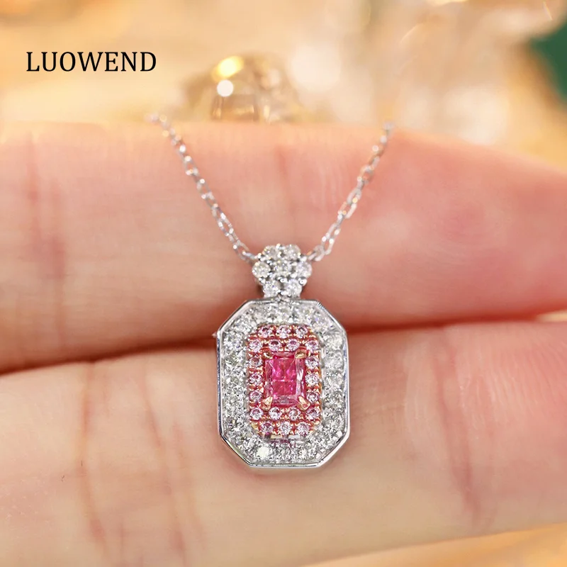 

LUOWEND 18K White Gold Necklace Luxury Design Real Natural Pink Diamond Pendant Necklace for Women Senior Banquet High Jewelry