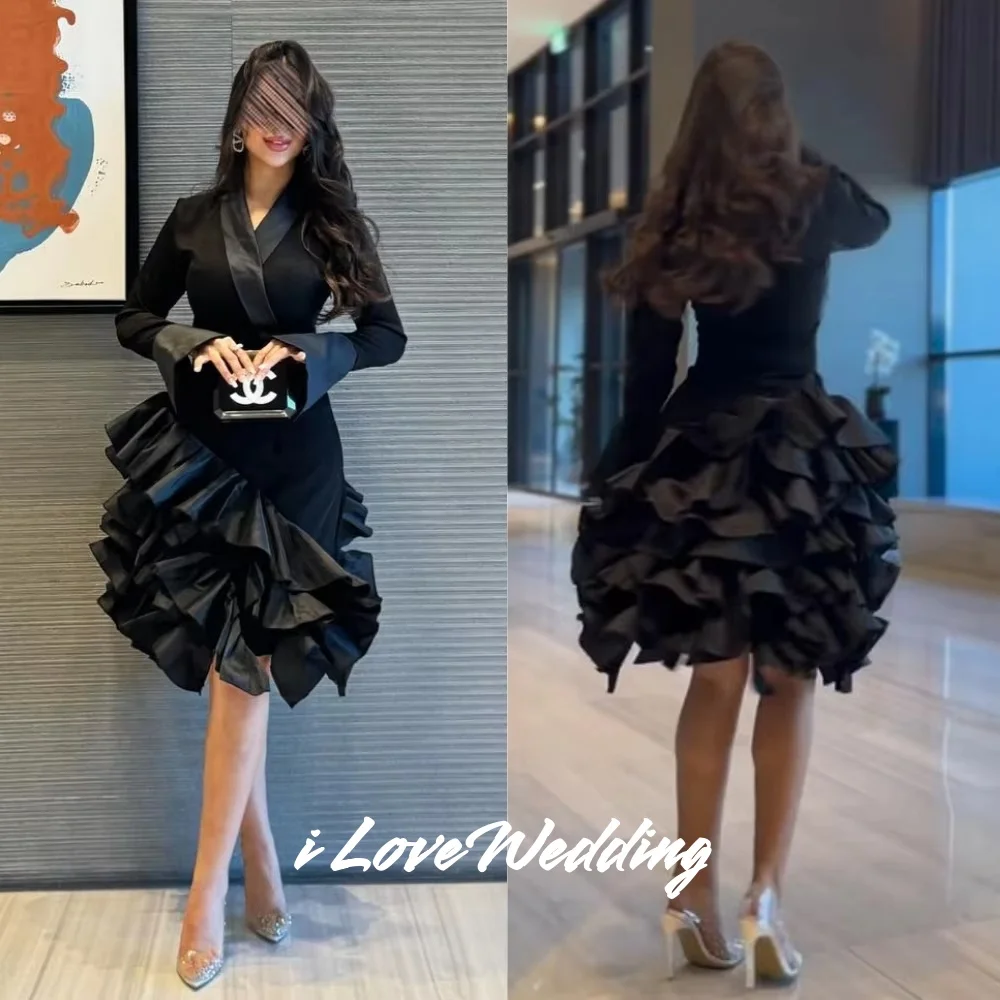 

Black V-Neck Mini Short Skirt Tiered Ruffles Long Sleeve Cocktail Dress Birthday Party Dress Knee-Length Sweet Pleated Customize
