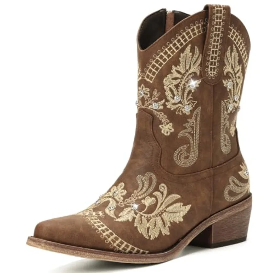

Rivalran Cowboy Boots for Women - Western Embroide Cowgirl Boots with Sparkly Rhinestone, Pointed Toe Chunky Heel Side Zipper V