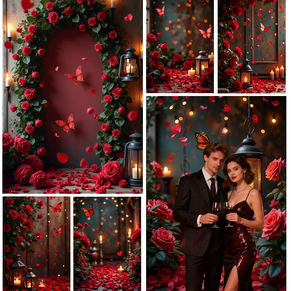 

MOON.QG Valentine's Day Backdrop Photocall Rose Butterfly Candle Backgrounds For Photographs Wallpaper Decoration Couple Photo