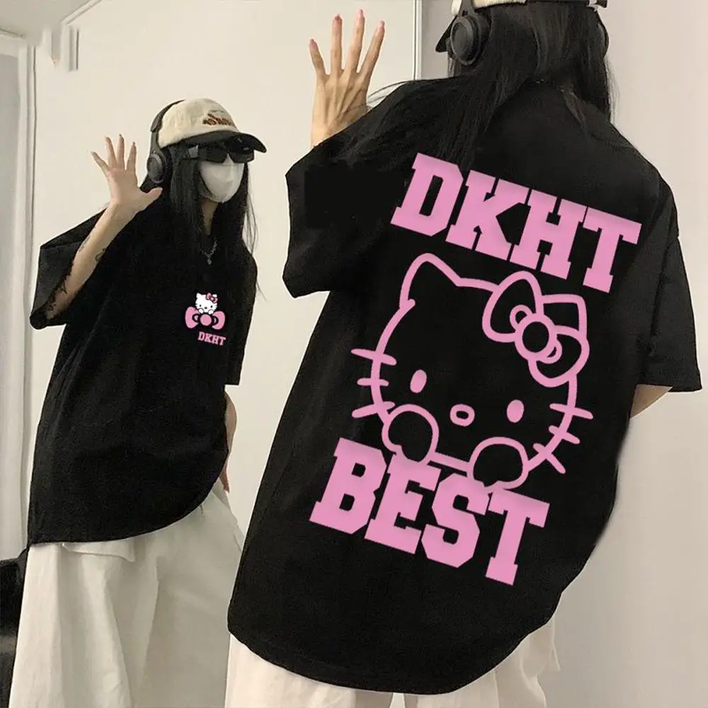 

Футболка Sanrioed с героями мультфильмов Hello Kitty, милые летние топы с коротким рукавом из аниме, удобные дышащие кавайные свободные универсальные футболки для девочек