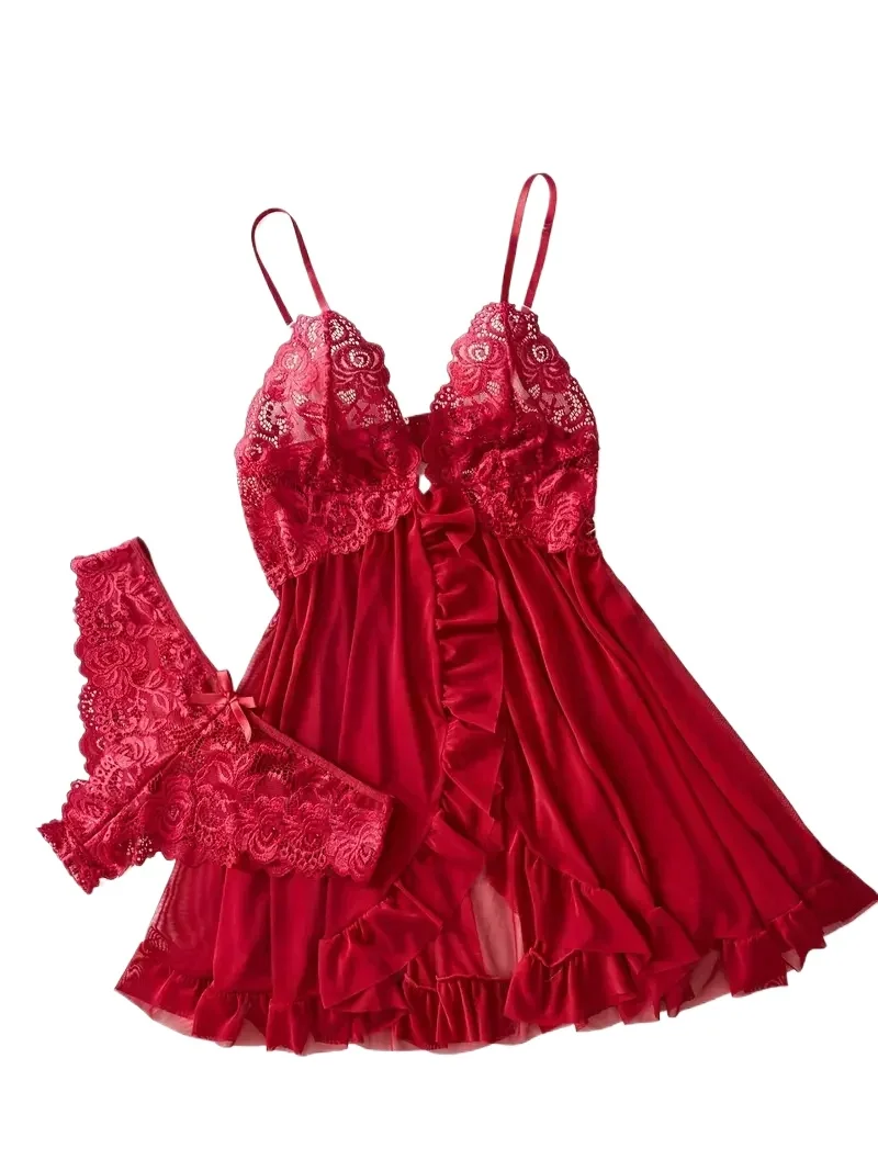 Damska koszula nocna, seksowna koronkowa halka, koszulka nocna z kokardą, bielizna nocna, gładka, dopasowana, miękka sukienka, dekolt w serek, pełna halka, zestaw bielizny nocnej i sukienek.