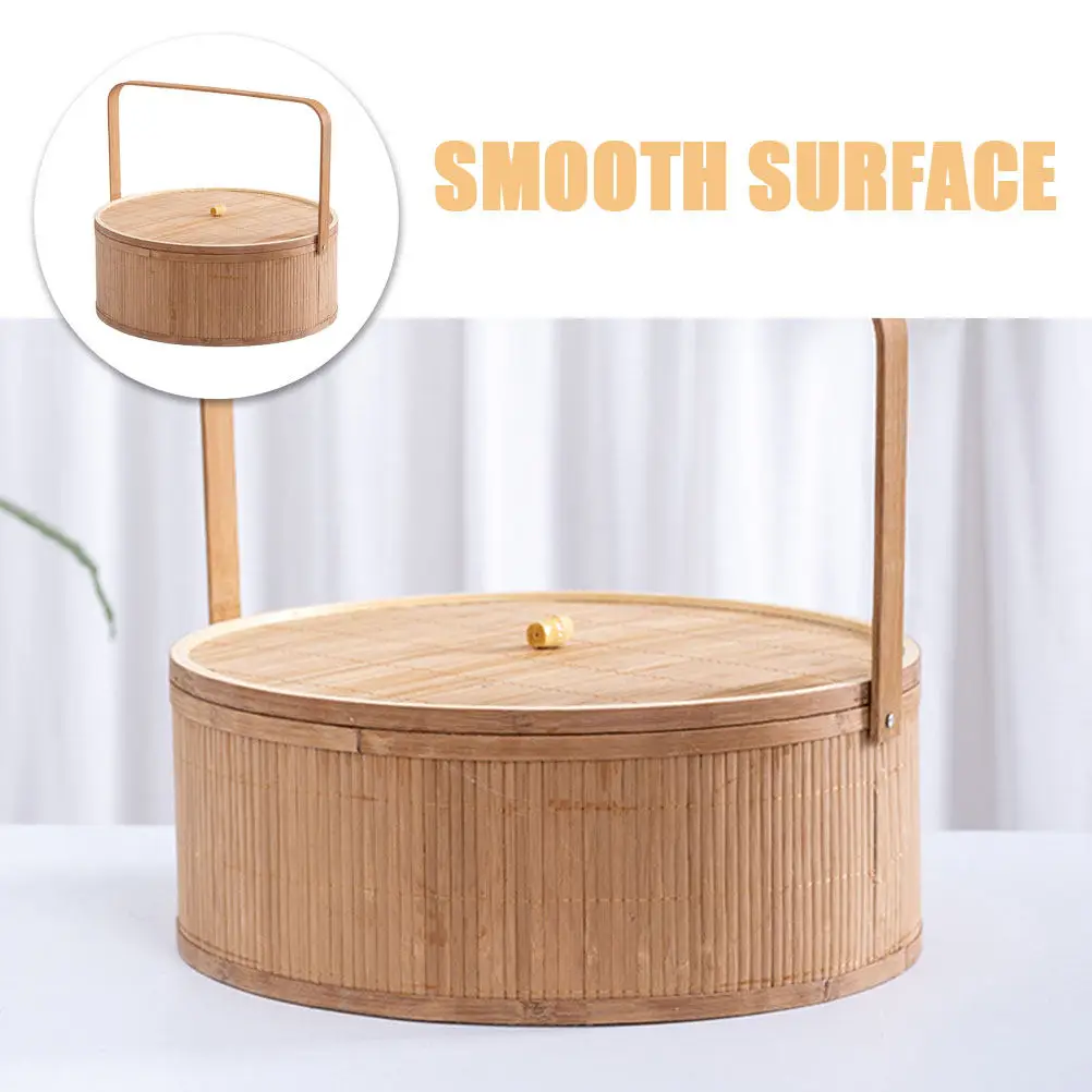 

Portable Bamboo Storage Basket with Lid Woven Handle for Picnic Trips Kitchen Organization Fruit Bread Sundry Holder