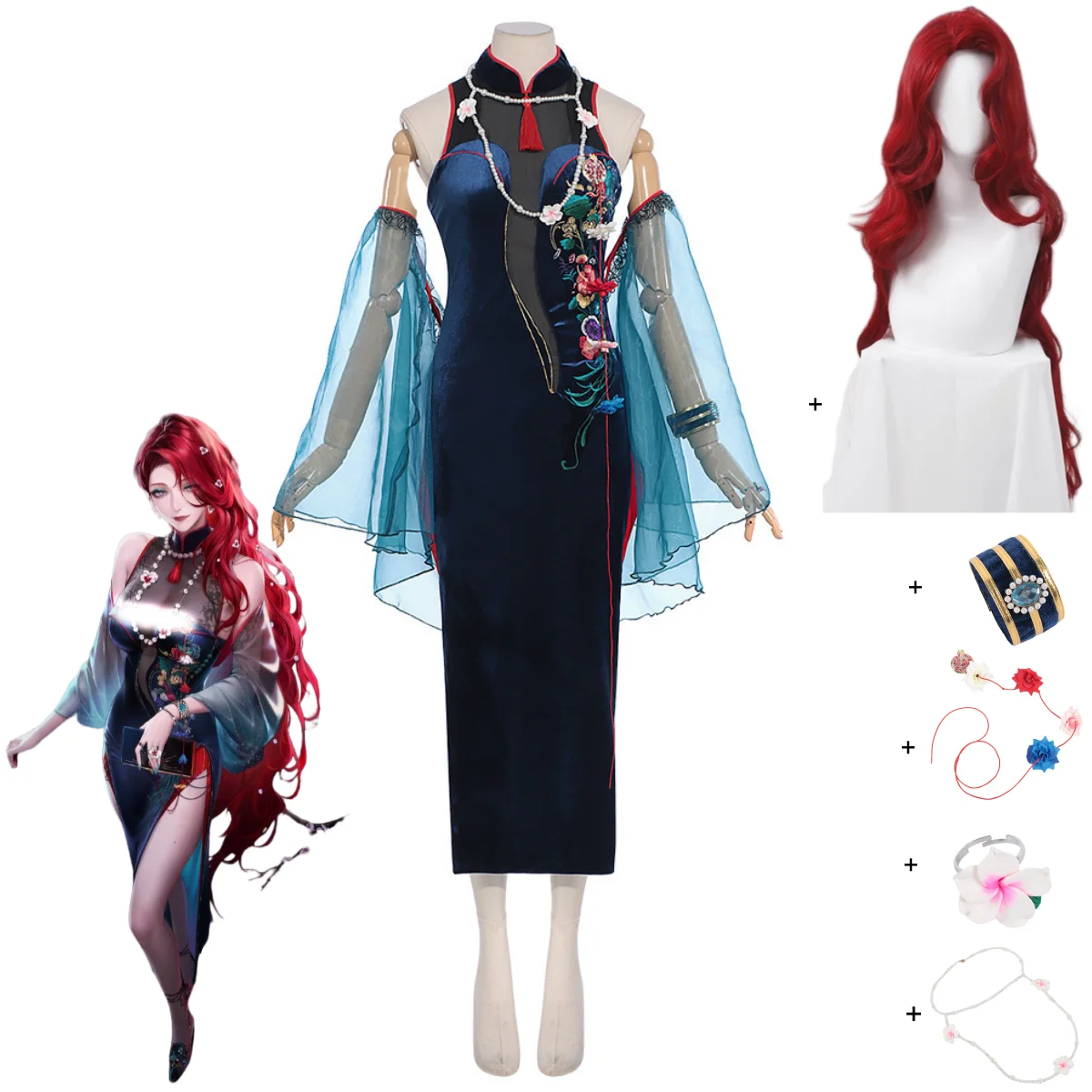 Juego camino a ninguna parte Cabernet disfraz de Cosplay estilo chino Cheongsam vestido peluca roja mujer Sexy traje de Festival tradicional