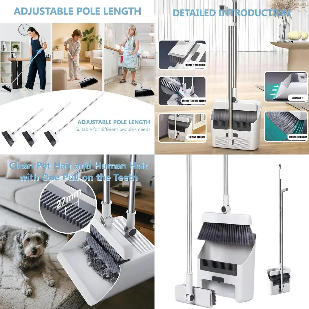 

3-in-1 Long Handle Broom and Dustpan Set with Built-In Comb Teeth, Adjustable Small Broom, Perfect for Home, Office, and Kitchen