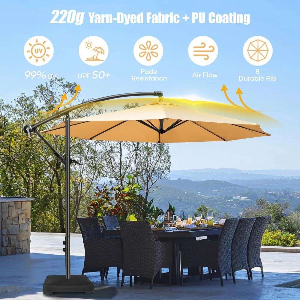 10ft Offset Patio Umbrella with Base Included, Hanging Cantilever Patio Outdoor Market Umbrella UPF50+ UV Protection.