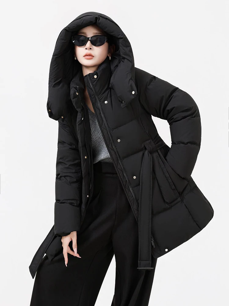 Winter White Duck Down Waterproof Zipper Lace Up Outwear Women Hooded Mid-length Down Jacket Female Thick Warm Cold Proof Jacket