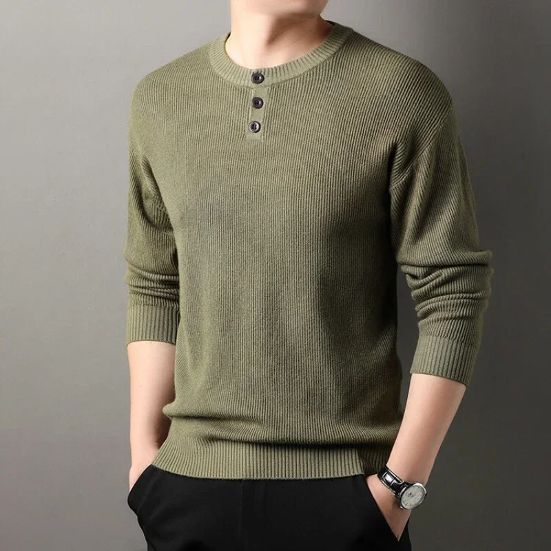 High-quality men's pullover sweater, solid color, Henry collar warm sweater, O-neck basic sweater.