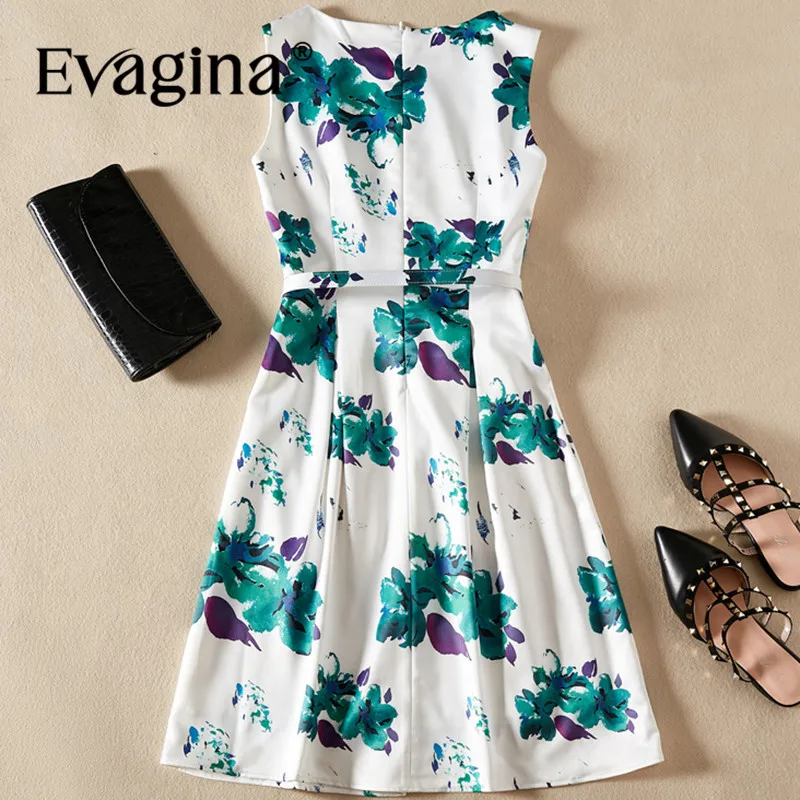 Evagina New Fashion Runway Designer Dress Women's Sleeveless Printing Lace-UP High Street S-XXL Mini Dresses