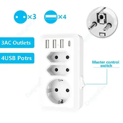 EU Socket With USB And 3 AC Outlets Power Converter Swtich Control 100-240V 16A Wall Socket Standard Plug Adapter Extension