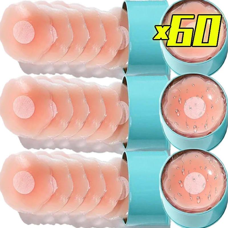 

12/60 шт. многоразовые лепестки для груди, женские водонепроницаемые накладки на соски, невидимые лепестки, клейкие без бретелек, с открытой спиной, силиконовые накладки на грудь