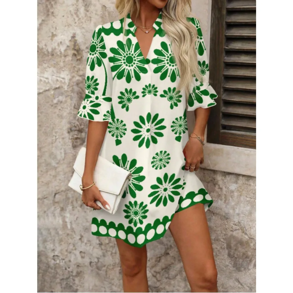 Letnie czerwone sukienki damskie z nadrukiem na lato 2025, krótkie, codzienne stroje damskie, letnie ubrania damskie w kwiaty, ubrania w stylu boho, spódnica do kolan.