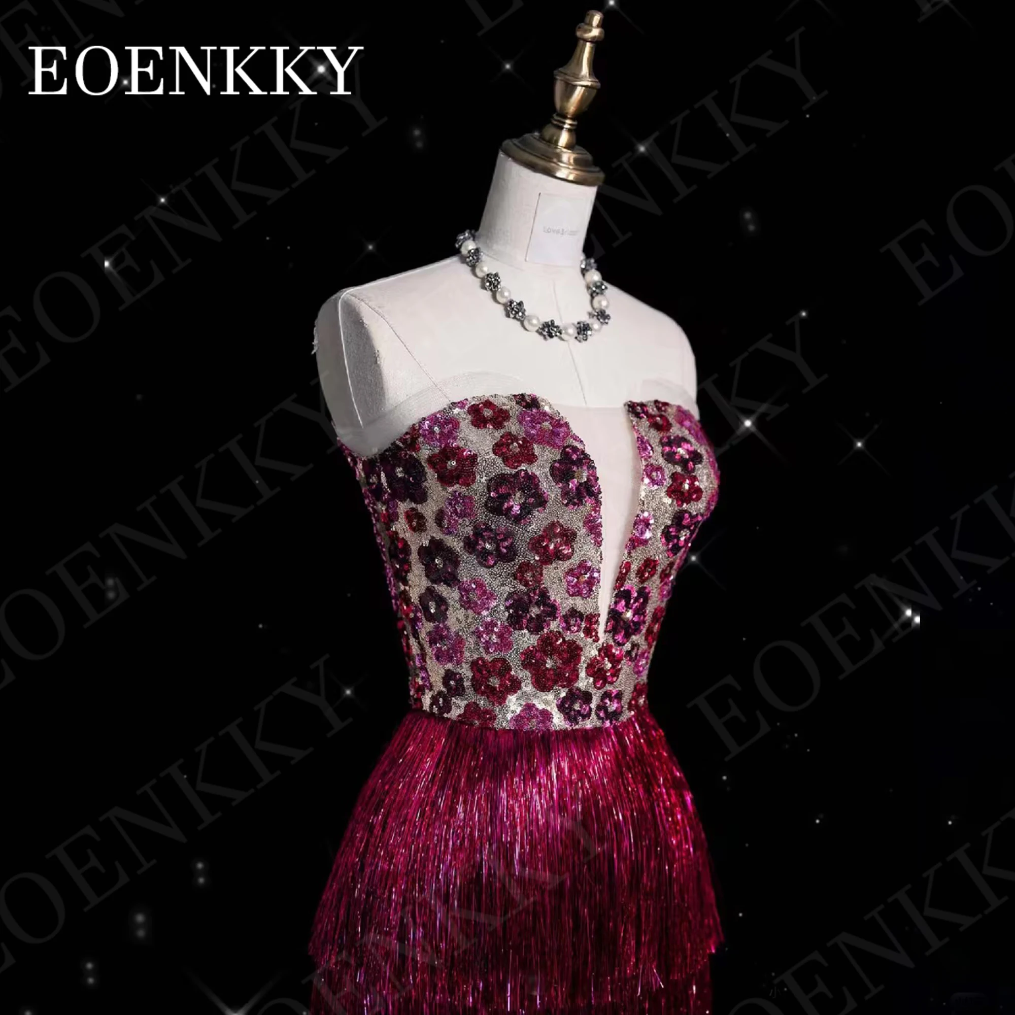 EOENKKY Mermaid Evening Dresses Woman Luxury Dubai Tiered Tassels Sleeveless Pageant Dress Strapless Sequined Flowers Fuchsia