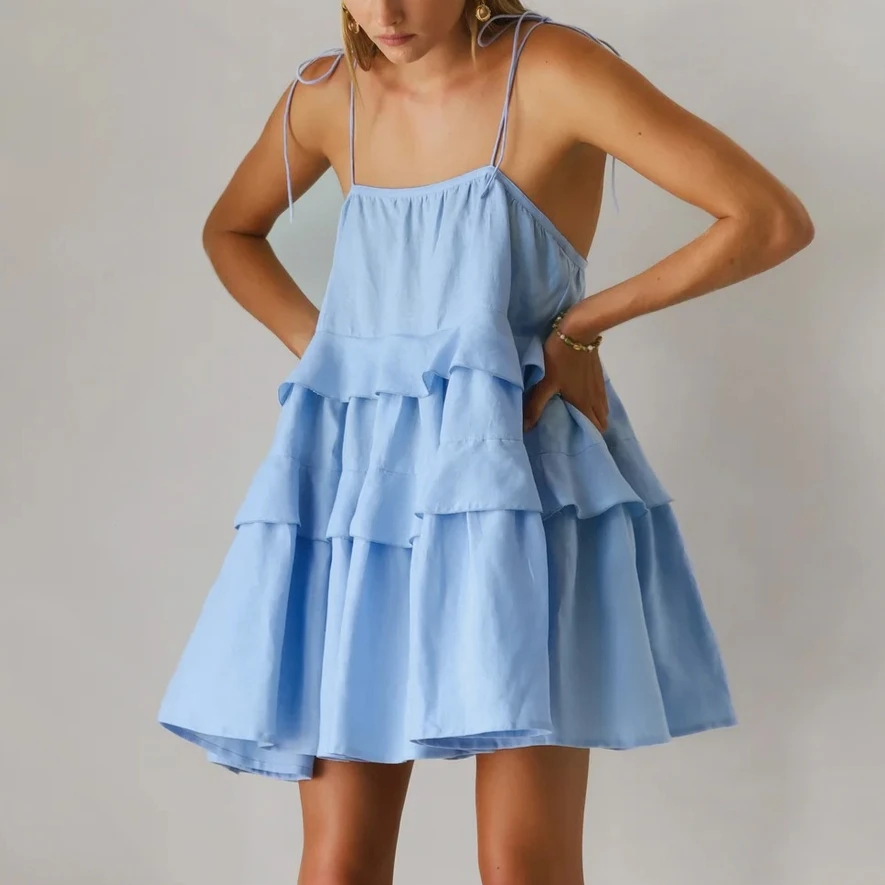 فستان Zeyla النسائي ذو الكشكشة المتدرج متعدد الطبقات مفتوح الظهر فستان قصير أنيق للنساء على الشاطئ ملابس غير رسمية للحفلات اليومية