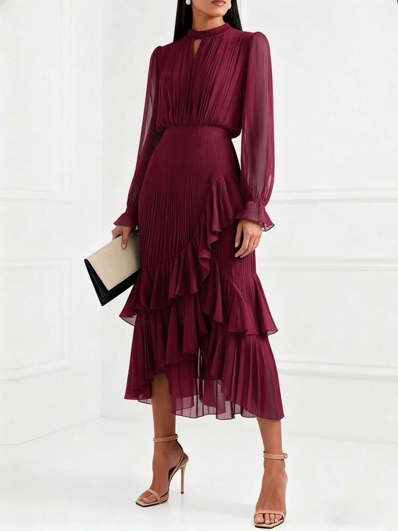 Vestido Elegante com Mangas Longas e Babados para Mulheres, Vestido em Camadas Estilo A para Primavera e Verão, Vestidos de Festa e Prom