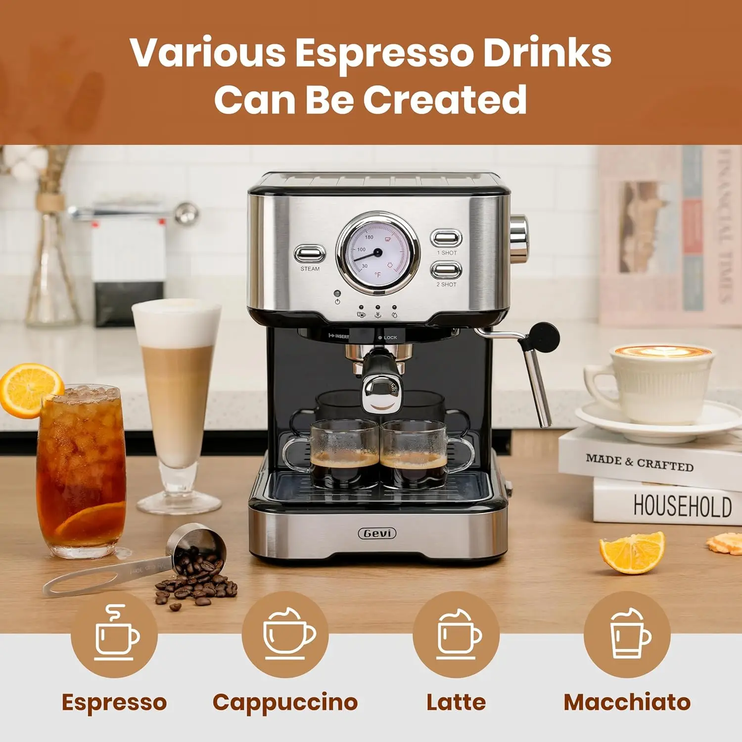 Espresso Machine High Pressure,Compact Super Automatic Espresso Machines with Milk Frother Steam Wand,Cappuccino,Latte Make