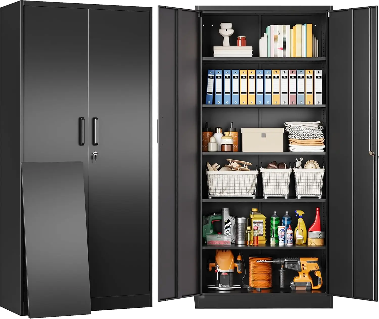 Metal Storage Cabinet with 2 Doors and 6 Shelves,Black Metal Cabinet with Lock,71