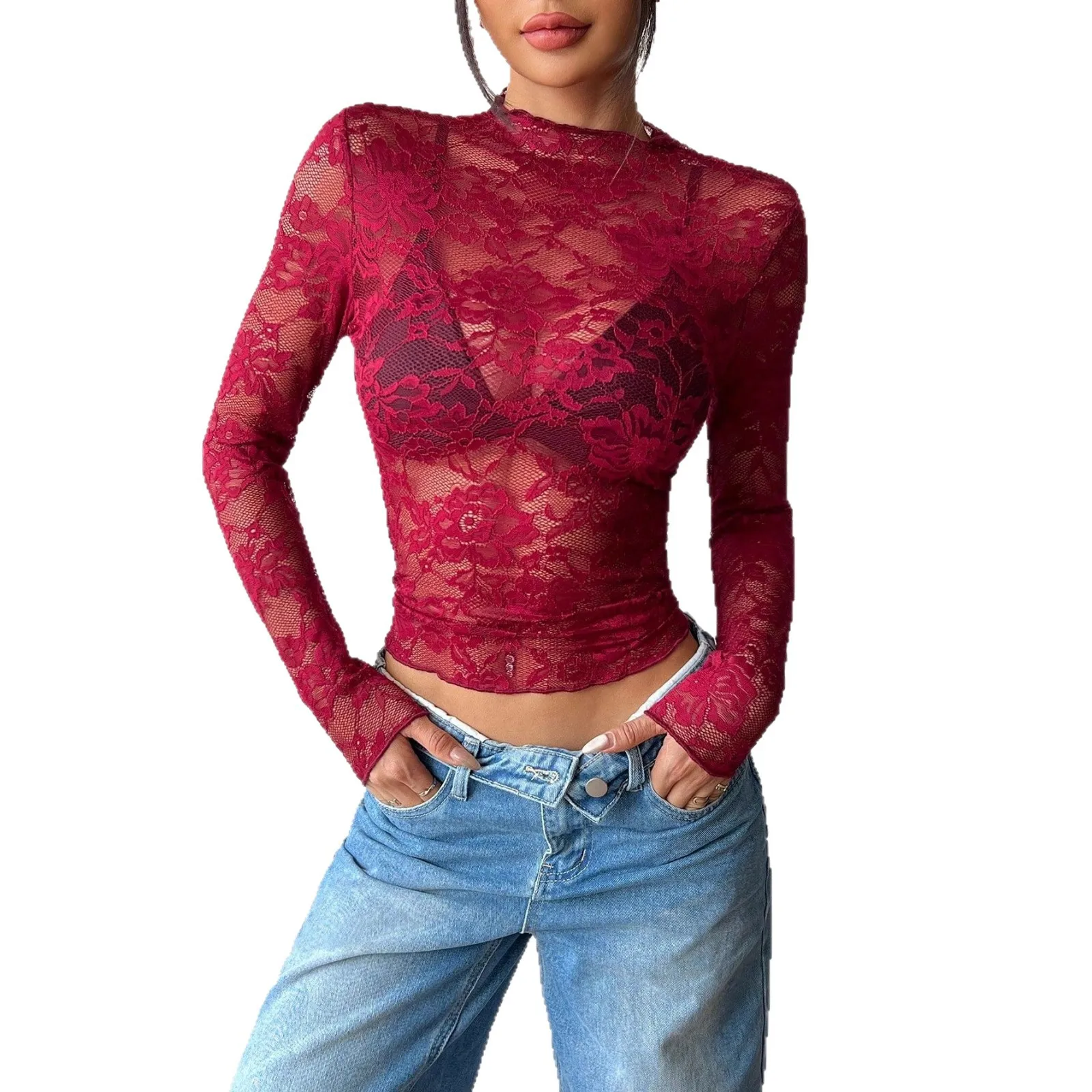 2025 Otoño e Invierno nueva camisa Sexy de una sola capa de manga larga delgada de encaje Top de fondo para mujer Cw17039