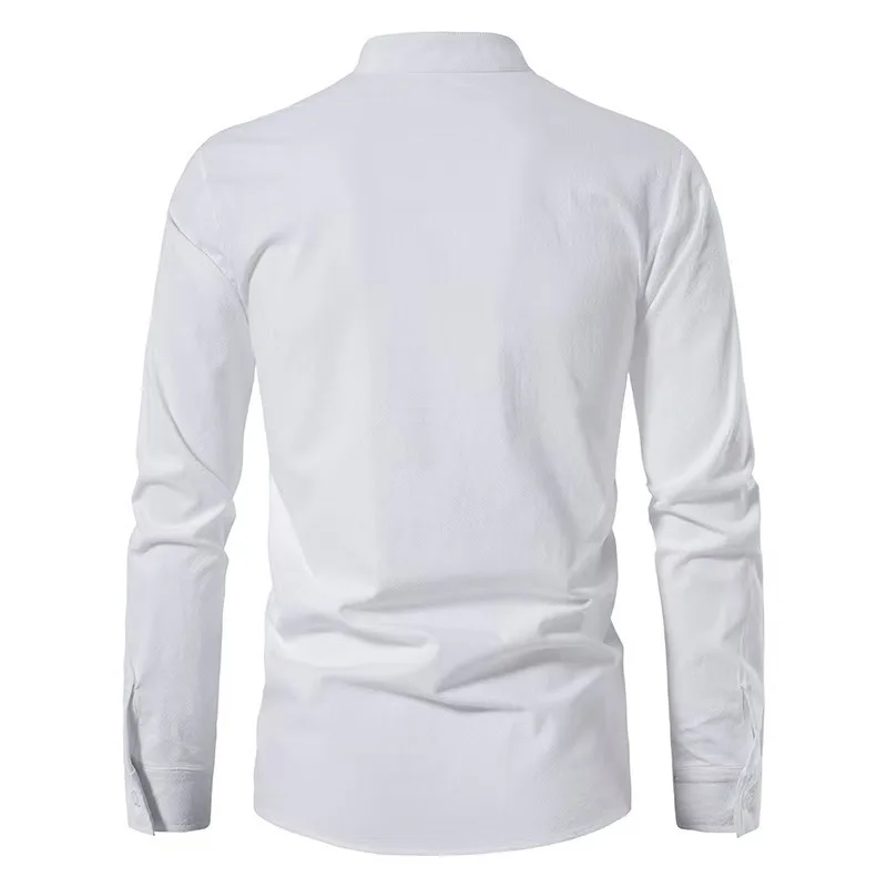 Men's All-Cotton Henley Shirt, Easy-Care, Long-Sleeved Stand-Up Collar Shirt, Suitable for Business Casual, Outdoor Activities, Breathable, Sweat-Wicking, Does Not Stick to the Body after Sweating