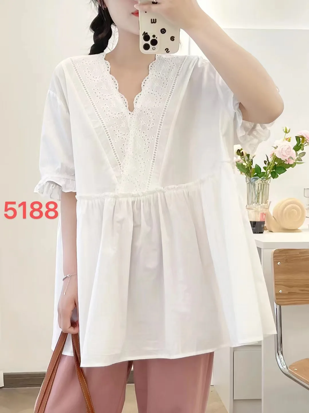 Summer Cotton Short Puff Sleeve Shirts, Woman VNecks Lace Tops, Sweet Girl Casual Fashion Loose Blouses, 2024 Autumn T47535QM