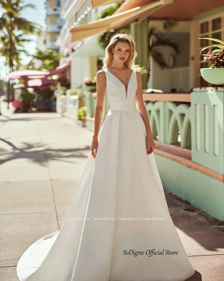 SoDigne A-line Satin Simple Wedding Dresses V-neck Sleeveless Bridal Dress 2024 Elegant Long Bride Gown vestidos de novia