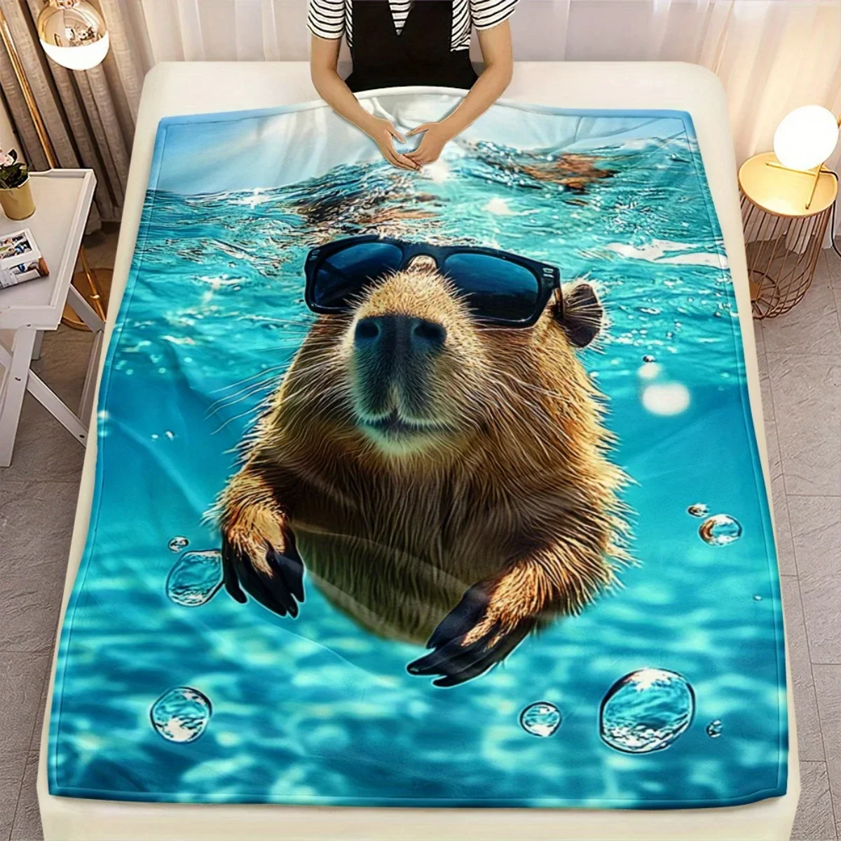 Cool capybara wearing sunglasses swimming water bubbles flannel blanket funny animal design soft cozy blanket for summer fun