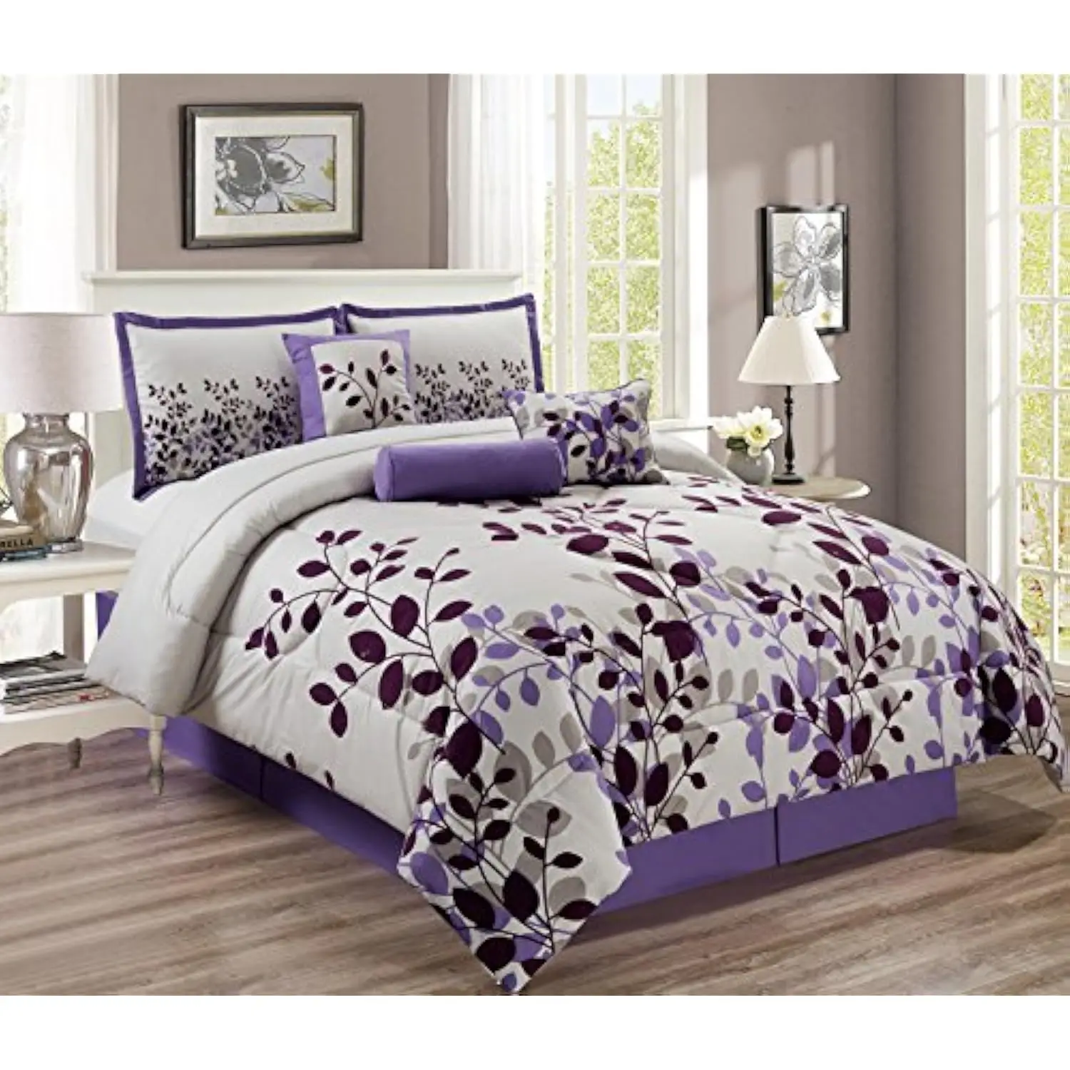 

7 Piece - Purple/Grey/Lilac Oversize Comforter Set Fresca Vine Fine Printed Bedding King Size Bedding