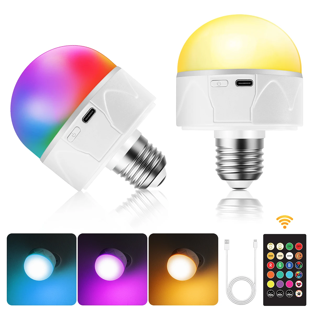 2PCS Rechargeable E27 Detachable Magnetic Battery Operated Light Bulb with Remote,5 Modes,Timer USB Charge 2200mAh RGB LED Lamp