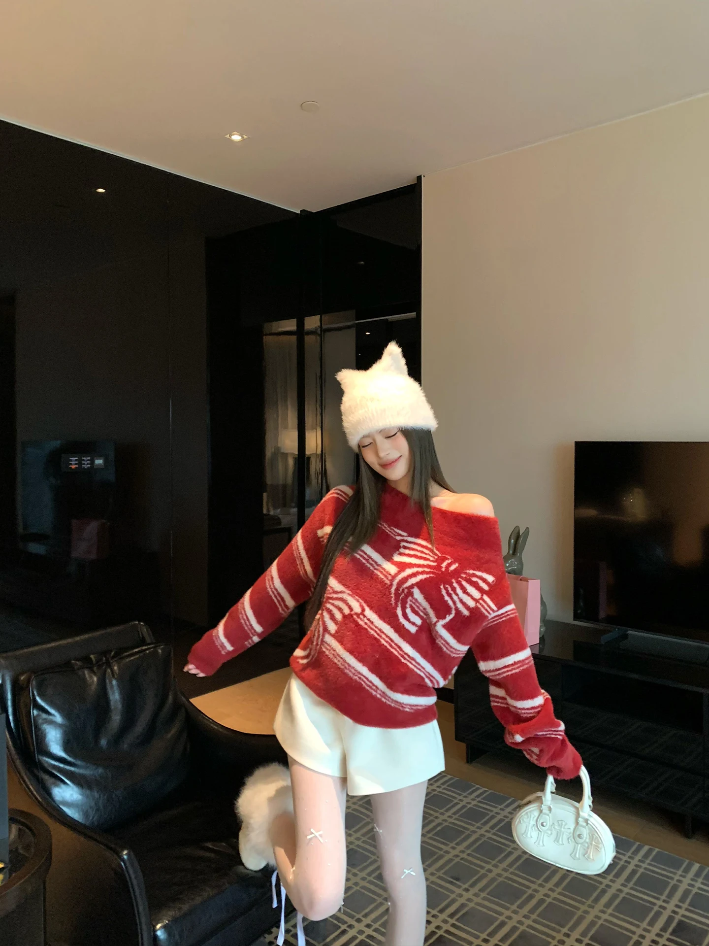 

Красный вязаный свитер с закругленным узлом, женский осенне-зимний повседневный удобный мягкий дышащий теплый модный свитер