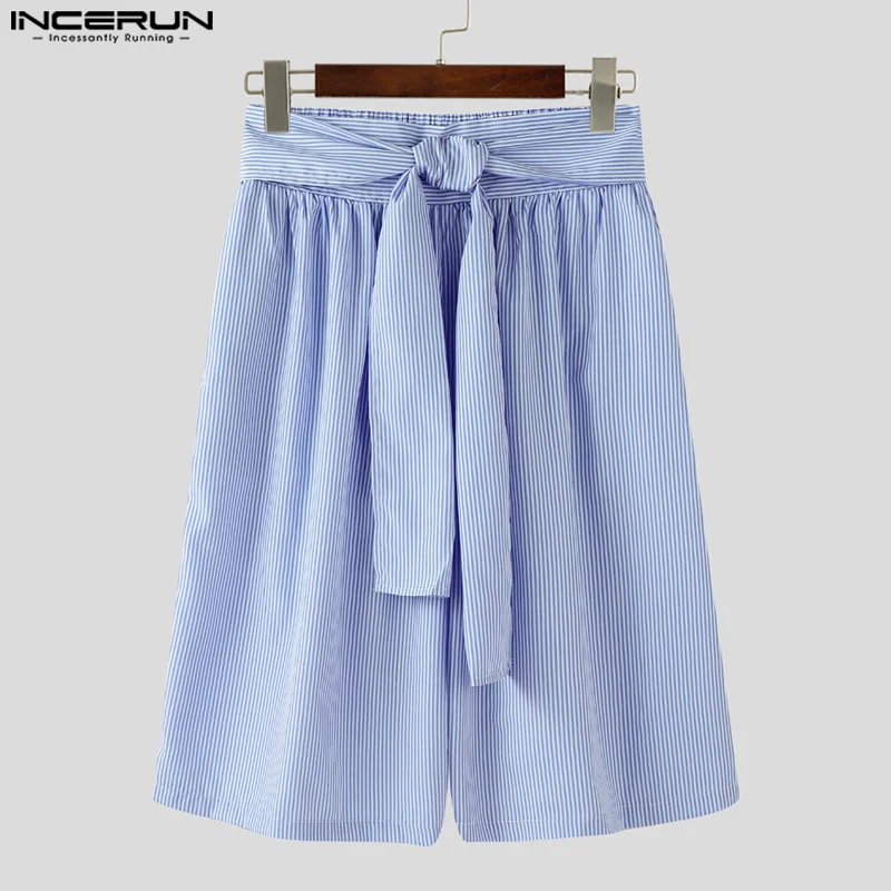 

Шорты в полоску, повседневные мужские шорты INCERUN, модные короткие брюки, брюки, уличная одежда, шорты с поясом на шнурке, низ, большие размеры, S-5XL